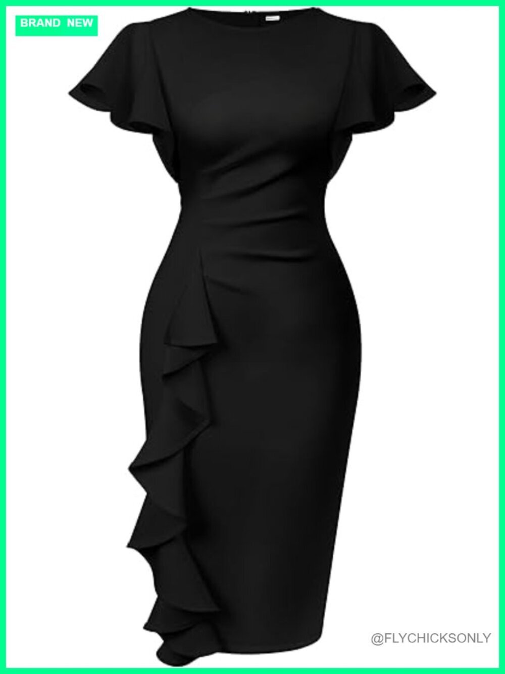 Vintage Church Ruffle Sleeve Ruched Bodycon Midi Pencil Dress